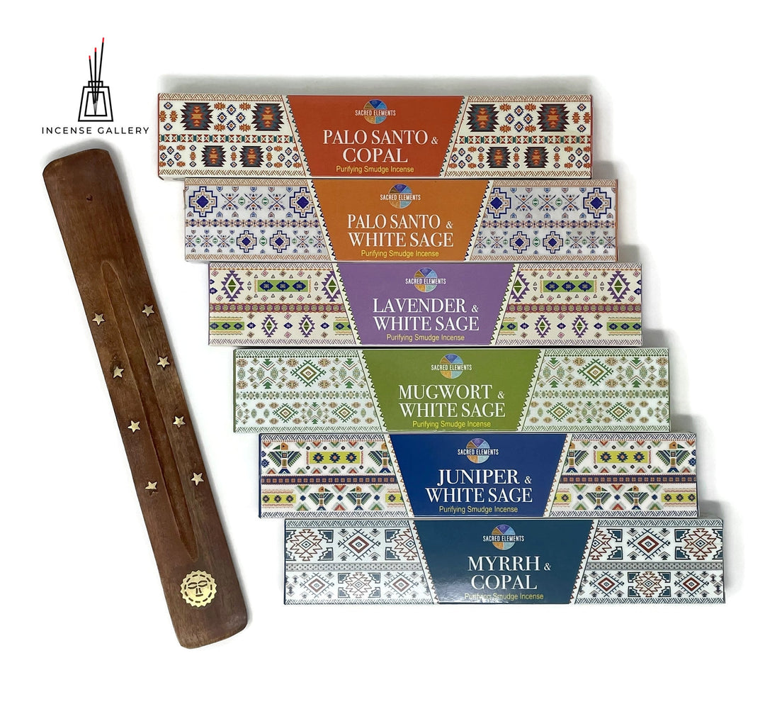 Sacred Elements Purifying Smudge Incense Sticks | Assorted Gift Set of 6 Fragrances + Free Ash Catcher - Incense Gallery