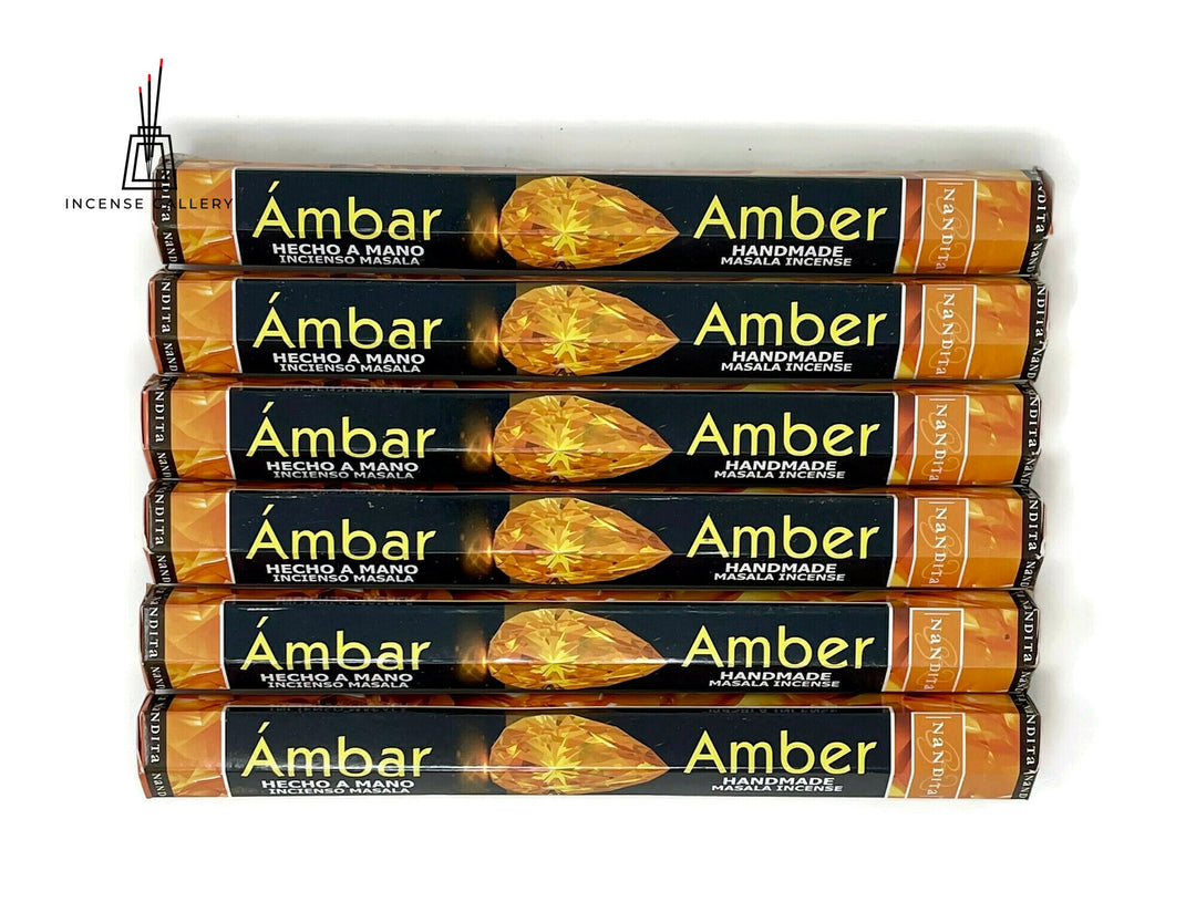 Nandita Hand Made Masala Incense Sticks - Amber - 6 Tubes - Incense Gallery