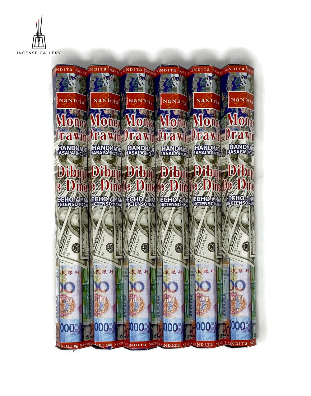 Nandita Hand Made Masala Incense Sticks - Money Drawing - 6 HEXA Tubes - Total 120 Sticks - Incense Gallery