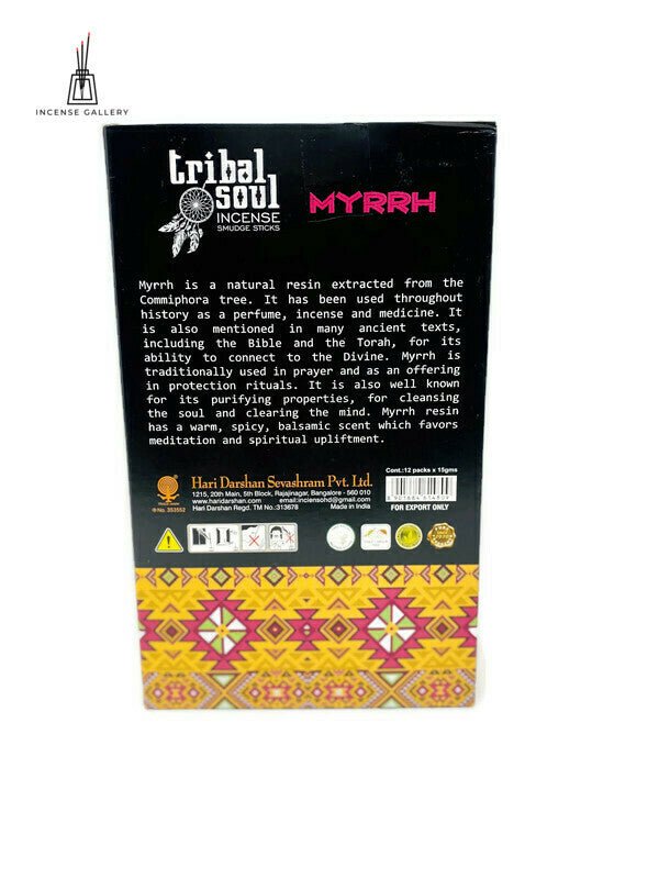 Tribal Soul - Myrrh Masala Incense Sticks -backside of the box - Incense Gallery