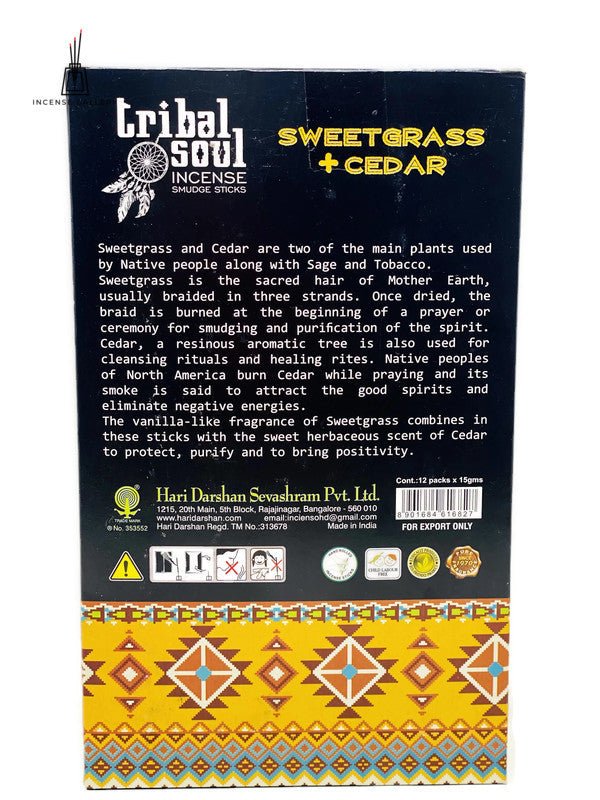 Tribal Soul - Sweet Grass + Cedar Masala Incense Sticks - backside of the box -Incense Gallery