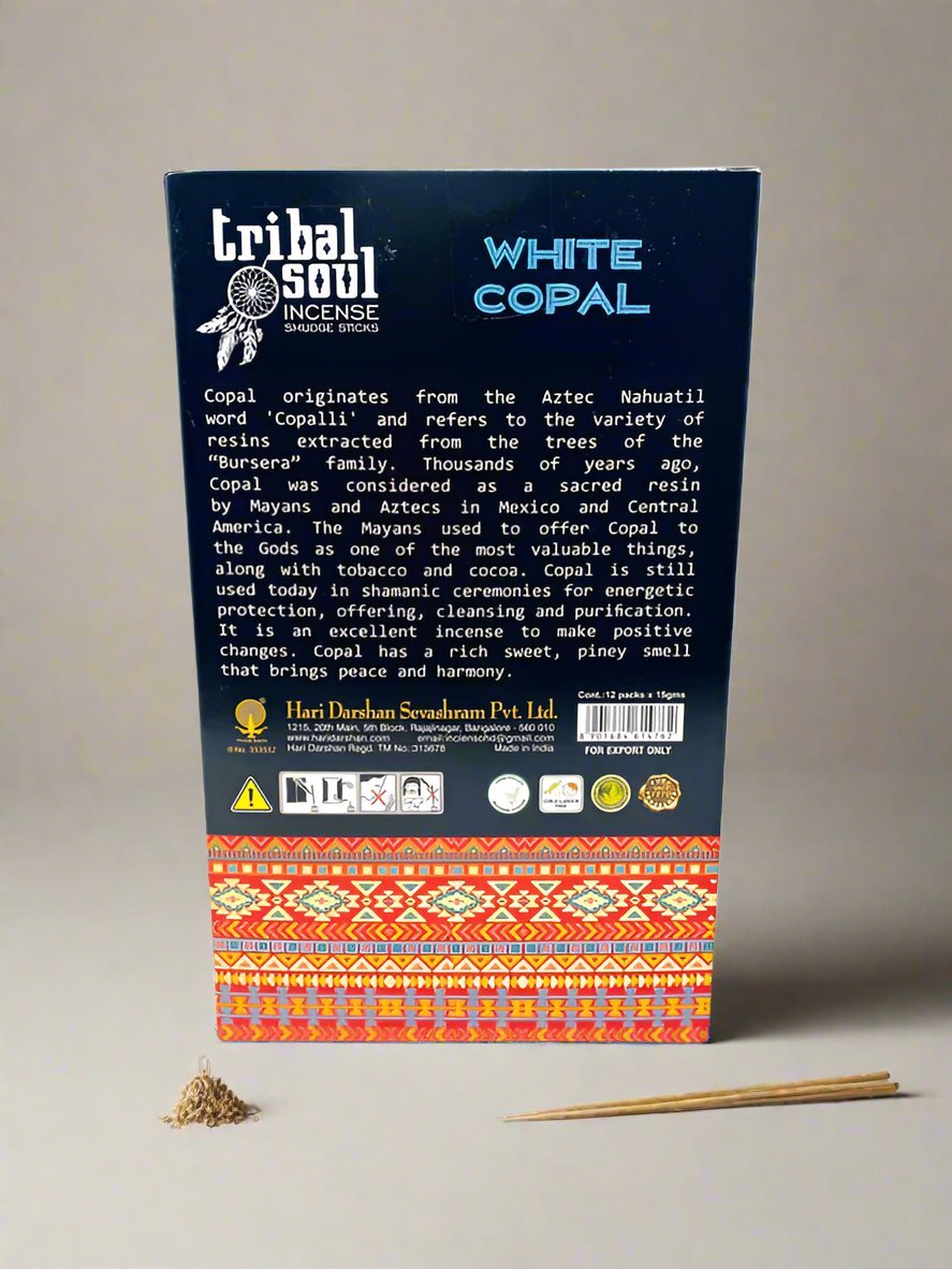 Tribal Soul - White Copal Masala Incense Sticks - Back side of the box-Incense Gallery