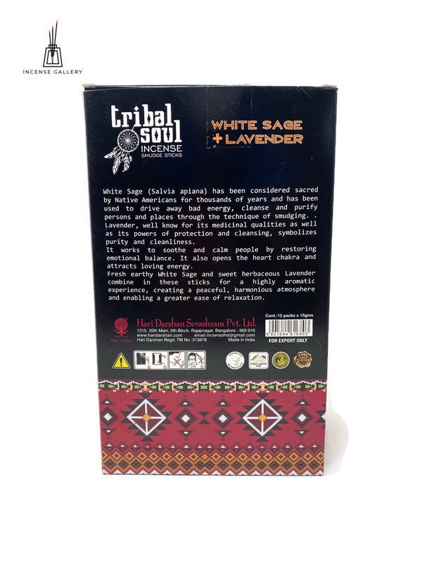 Tribal Soul - White Sage + Lavender Masala Incense Sticks - backside of the box -Incense Gallery